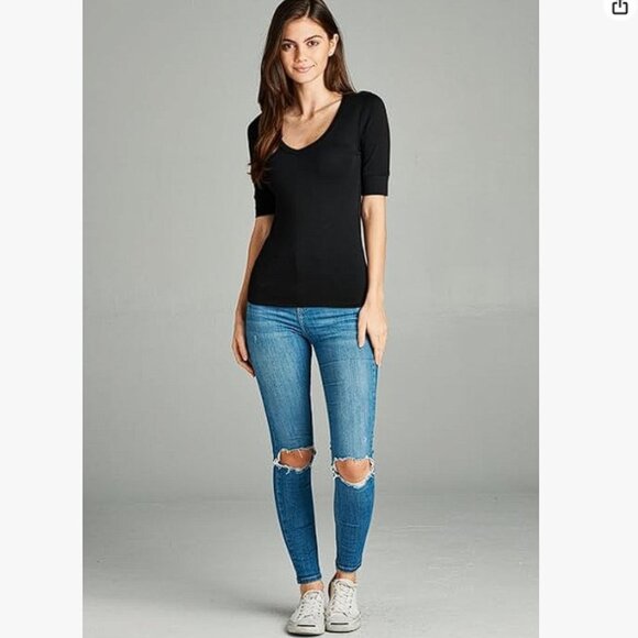 Active Basic Tops - Women's Basic Elbow Sleeve V-Neck